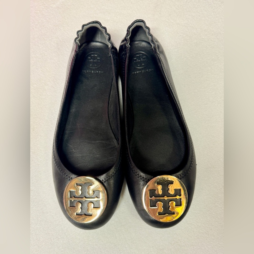 Tory Burch Black Flats with Gold Logo